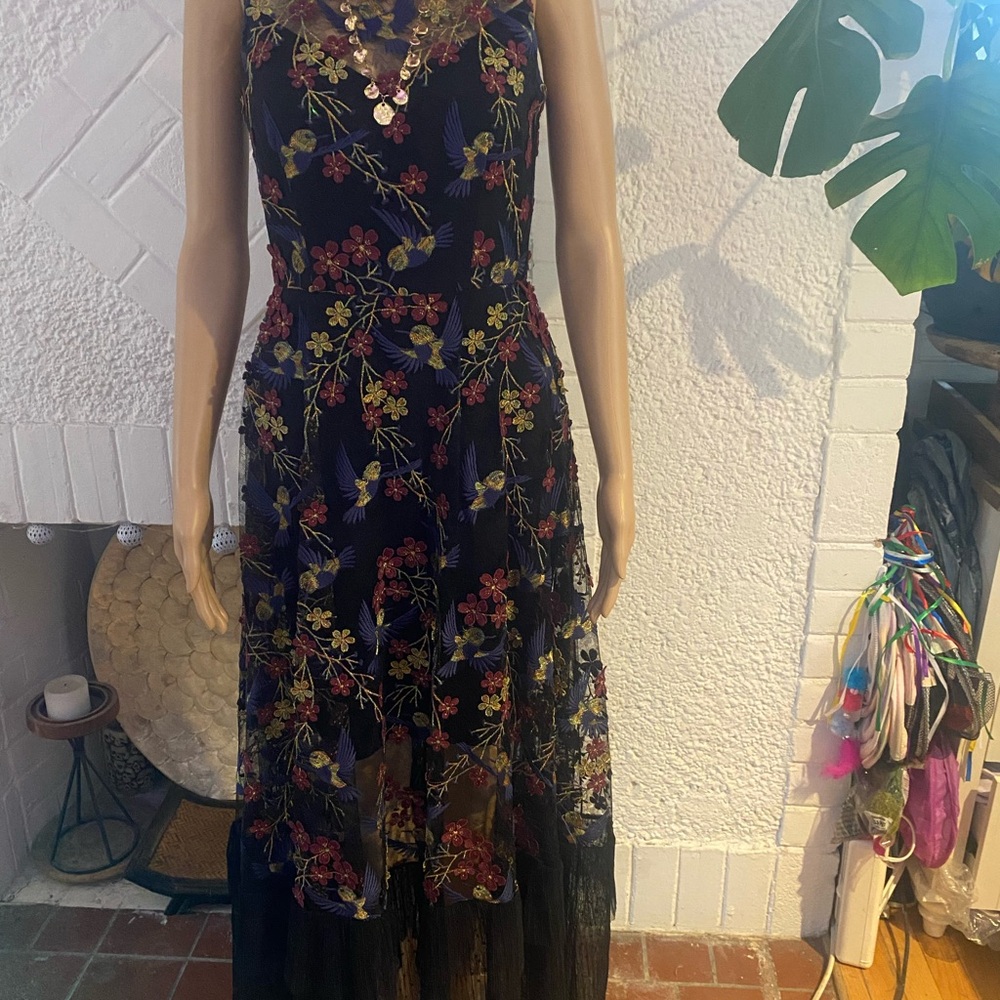 Dress the Population Black Floral Maxi Dress with Hummingbirds